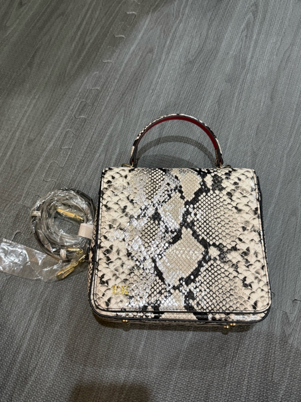 Structured Snake-Print Top Handle Satchel in Cream & Black - Picture 5 of 6